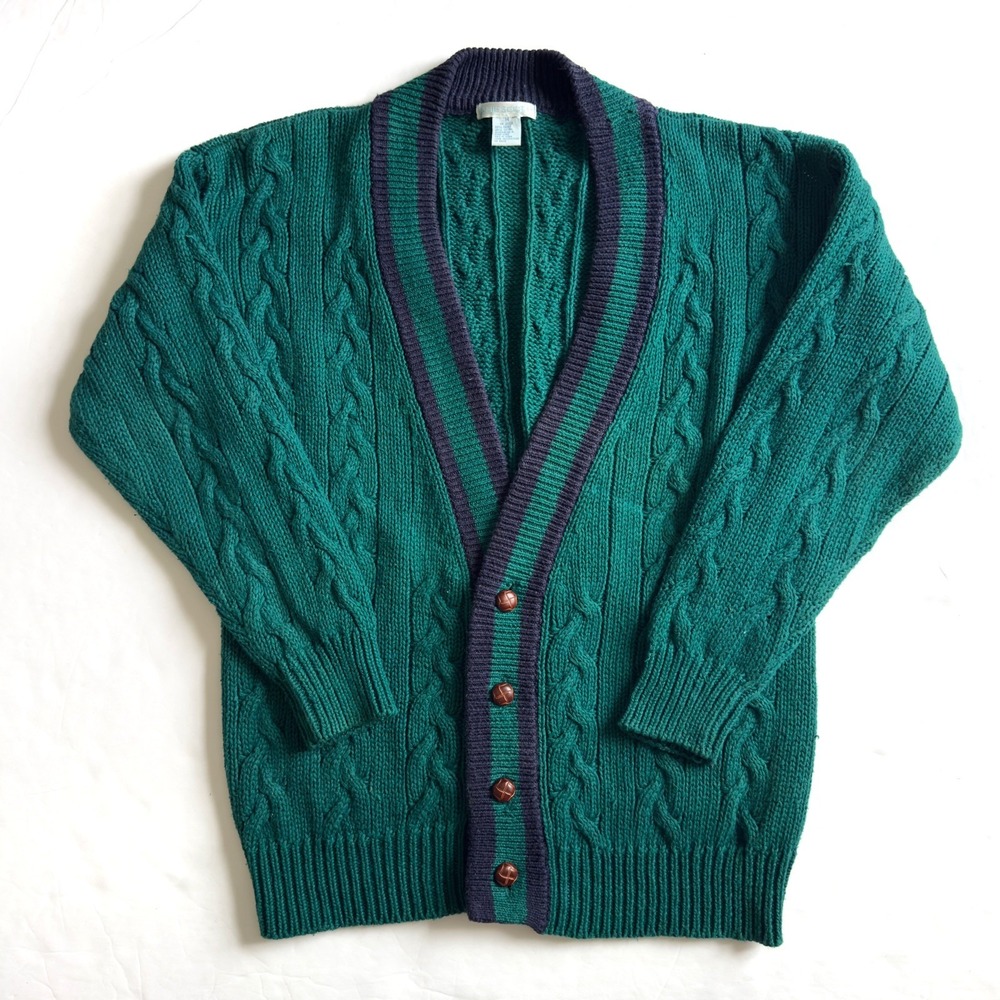 Vintage Cable Knit Varsity Cardigan Sweater M Green Blue Tennis Prep Old Money